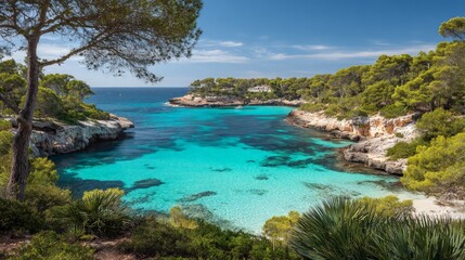 Fototapeta premium Beautiful Turquoise Mediterranean Bay With Pine Trees