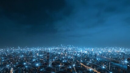 Cityscape at night overlaid with bright, abstract, networked connections - Powered by Adobe