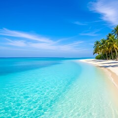 Fototapeta premium Pristine tropical paradise white sand beach, clear turquoise waters, and lush palm trees. An idyllic escape under a vibrant blue sky, offering ultimate serenity.