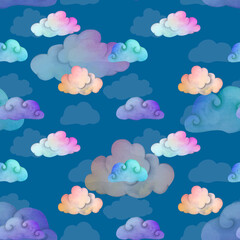 Watercolor hand painted seamless pattern of rainbow clouds. Cute dreamy background for baby shower invitation, greeting card, banner, poster, label