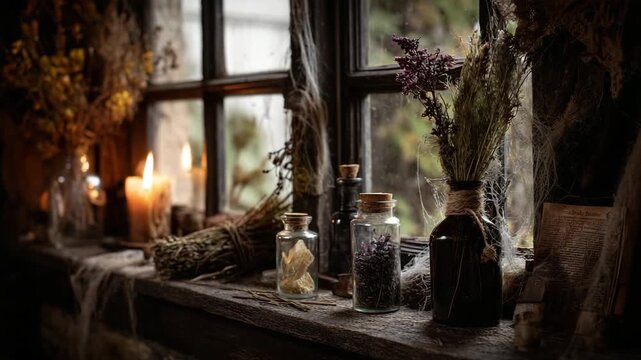 Moody Apothecary Window with Dried Herbs, Bottles, and Candlelight in a Rustic Witchy Setting
