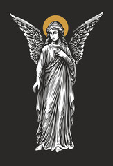 Vector drawing of an angel with wings and a halo in a classic style. Guardian angel or theme of death, religion,. Funeral services. Memorial, monument, tattoo, t-shirt design. No AI used