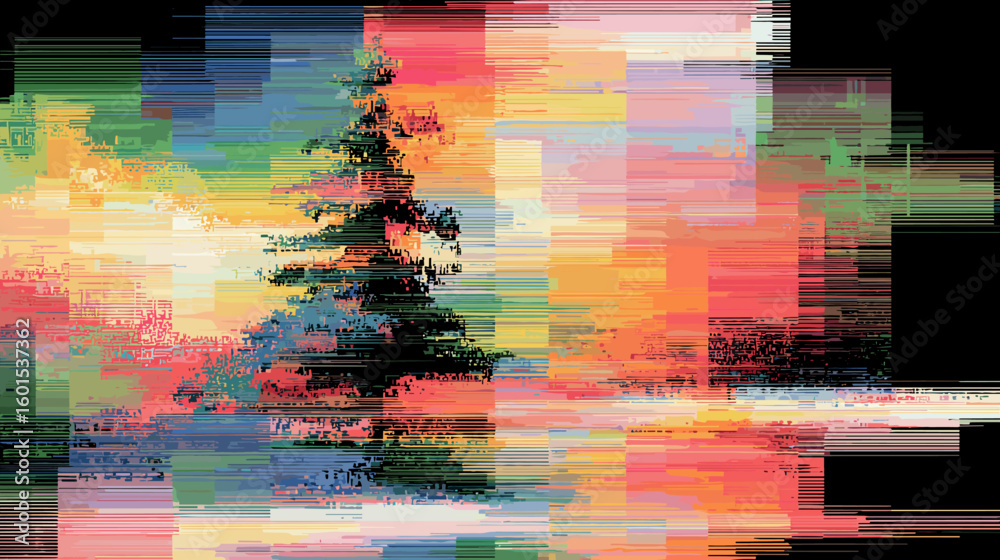 Poster Abstract glitch vector background with colorful patterns and tree  