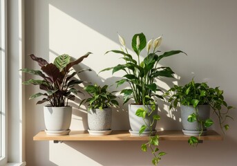 Indoor Plants on Wooden Shelf in Bright Room with Natural Light and Wall Shadows