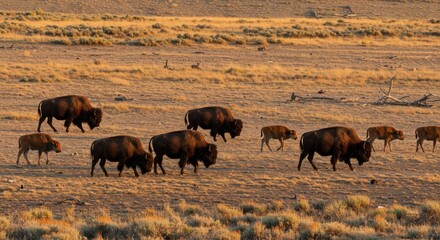 Herd of Bison Grazing on Open Plains During Golden Hour with Calves Basking in the Warm Sunlight