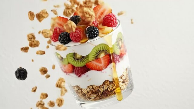 A glass parfait with granola yogurt fruit and drizzled honey against a soft white background