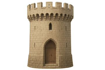 Medieval stone tower with wooden door, realistically rendered in 3d, standing against transparent backdrop