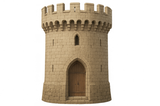 Medieval stone tower with wooden door, realistically rendered in 3d, standing against transparent backdrop