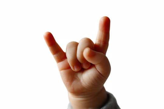 Adorable baby's hand displaying a rock and roll sign, epitomizing innocence and fun, isolated on transparent background