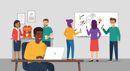 Obraz premium Diverse team brainstorming on whiteboard, perfect for website landing pages or marketing brochures.