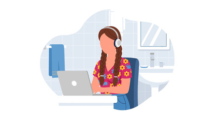 Woman working on laptop in bathroom, perfect for articles on remote work, work-life balance, or flexible schedules.