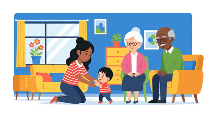 Happy multigenerational family at home. Perfect for family, parenting, or healthcare websites and brochures.