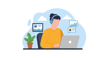 Person working on laptop with headset, ideal for customer service or online support landing pages.