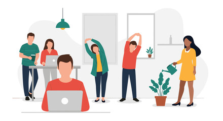 Diverse team working and taking breaks in a modern office, perfect for illustrating work-life balance and wellbeing.