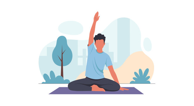Man doing yoga outdoors, perfect for wellness websites or brochures.