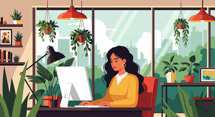 Woman working on computer in modern home office with plants and city view - perfect for website banners or blog posts about remote work, productivity, or work-life balance.