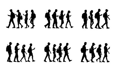 Silhouettes of Walking People Using Smartphones and Wearing Backpacks in Casual Outfits on White Isolated Background.