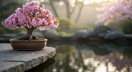 Serene Cherry Blossom Bonsai Tree at Dawn by Tranquil Water in Peaceful Japanese Garden Setting