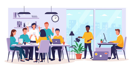 Diverse team brainstorming and working in a modern office, ideal for presentations on teamwork and collaboration.