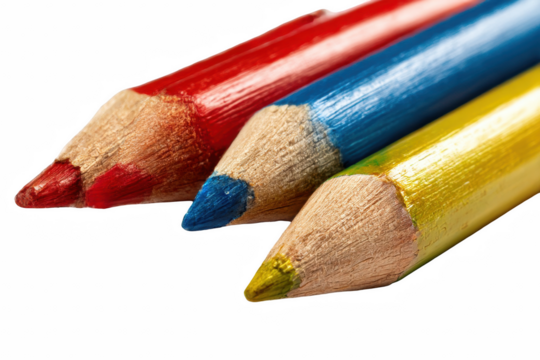 Vivid close-up featuring red, blue, and yellow colored pencils highlighting wood texture and color intensity on transparent background - Powered by Adobe