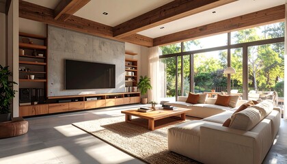 Living Room Interior with Large Window and Neutral Tones