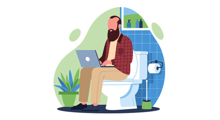 Man working on laptop while sitting on toilet - humorous illustration for website or social media.