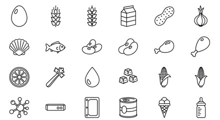Line art icons depicting common food allergens including egg, wheat, milk, peanut, shellfish, fish, soy, and more.