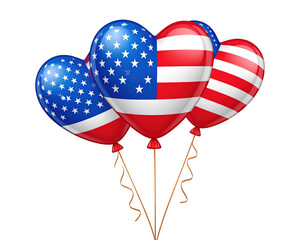 Three patriotic balloons in heart shape isolated on a transparent background.