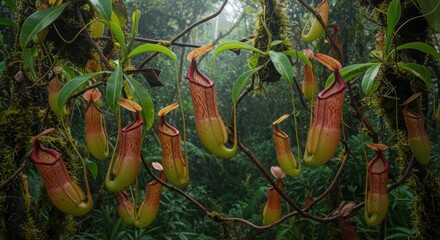Vibrant Pitcher Plants in Lush Tropical Rainforest Surrounded by Mist and Greenery