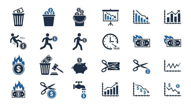 A collection of icons representing financial loss, waste, economic downturn, and budget cuts, depicted in blue and white.