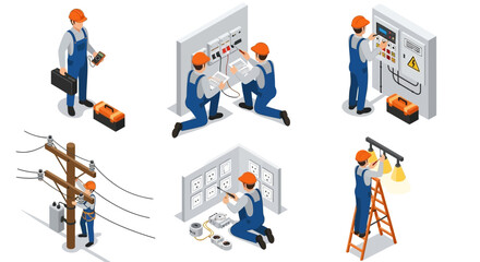 Isometric illustrations depict electricians performing various tasks, including electrical panel work, powerline maintenance, and installing light fixtures.
