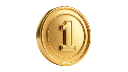 3D gold coin with number 1 in center, cartoon plastic style, award or currency concept, isolated on transparent background 