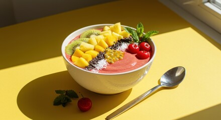 Vibrant smoothie bowl filled with fresh fruits, chia seeds, and garnished with mint, presented on a yellow backdrop for an appetizing aesthetic delight