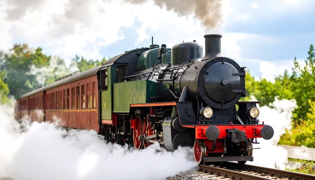 Vintage steam train chugging through countryside - Powered by Adobe