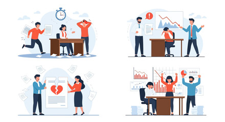 Four illustrations depict stressful office situations: deadline rush, criticism, heartbreak, and finally, success and celebration.