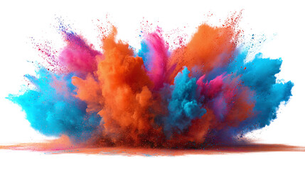 Fototapeta premium Festive explosion of Holi powder in mid-air with bold pink, blue, and orange hues. isolated on transparent background 