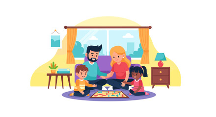 Happy family playing a board game together at home. Perfect for family blogs, websites, or children's book illustrations.