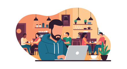 Man working on laptop in a busy cafe, perfect for website banners or blog posts about remote work or coffee shop culture.