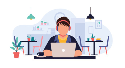 Person working on laptop in a cafe, perfect for blog posts about remote work or co-working spaces.