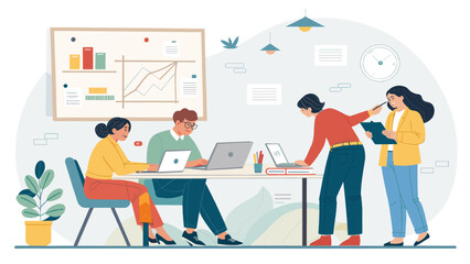 Teamwork in a modern office: Diverse colleagues collaborating on a project, ideal for business presentations or website banners.