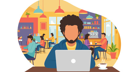 Man working on laptop in a busy cafe, perfect for illustrating remote work or a coffee shop atmosphere.