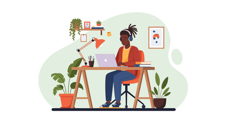 Young man working from home on laptop, perfect for remote work, freelance, or study illustrations.