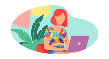 Woman working on laptop, colorful illustration for website or blog.
