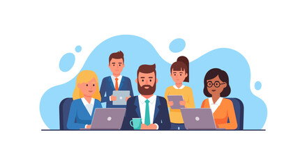 Diverse business team collaborating on laptops and tablets. Ideal for website banners, brochures, or presentations.