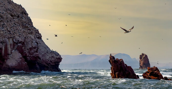 Islas Ballestas, Peru, perú. Beautiful sunset. Rocks, birds. - Powered by Adobe