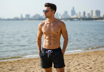 Muscular man in swim trunks stands on sandy beach city skyline backdrop hands in pockets sunglasses