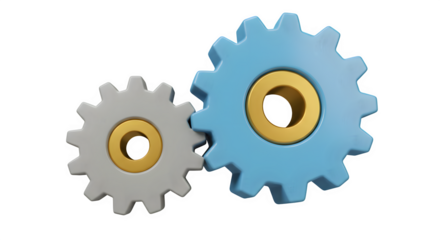 Two gears interlock, a blue and a gray one, with golden centers isolated on transparent background