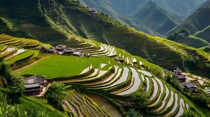Aerial view of terraced rice fields in Longsheng (Dragon's Backbone), China, during planting season