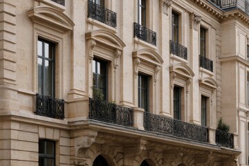 Close-up photo of an exterior facade in beige stone with black metal balcony railings, a three-story building with large windows and terraces, in the style of Parisian architecture Generative AI