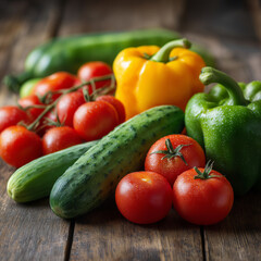 Colorful fresh vegetables tomatoes, cucumbers, and bell peppers arranged on rustic wooden table, vibrant natural light